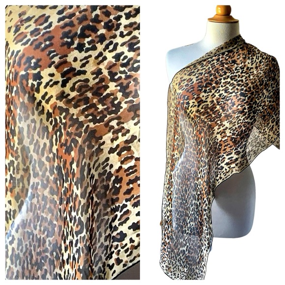 Vintage Animal Leopard Print Mob Wife Rectangular Silk Scarf Hand Rolled Hem - Picture 4 of 9